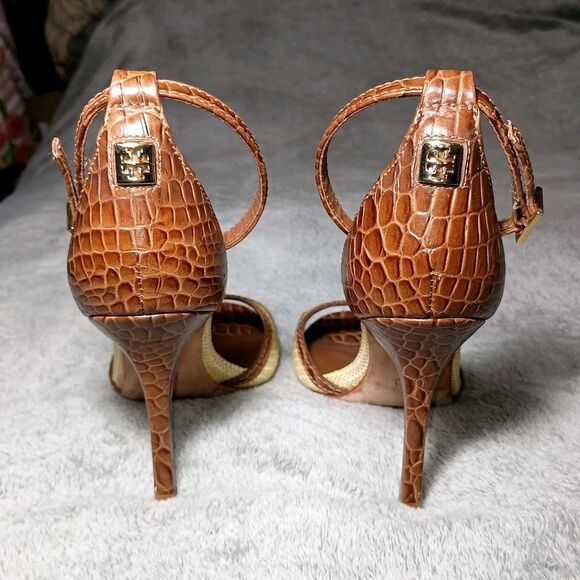 Tory Burch Croc Designed Ankle Strap Peep Toe Leather Heels Sandals Size 7M 7 M - Picture 3 of 16